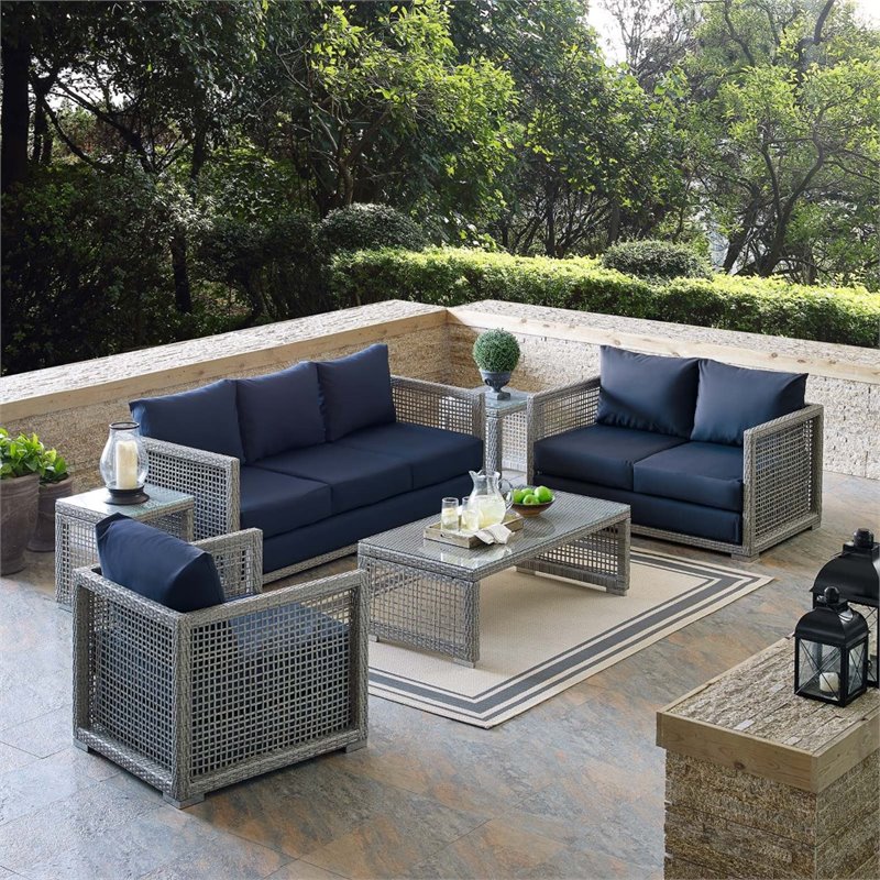 Modway Aura 6-Piece Outdoor Patio Wicker Rattan Set in Gray/Navy