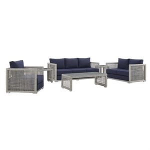 Modway Aura 6-Piece Outdoor Patio Wicker Rattan Set in Gray/Navy