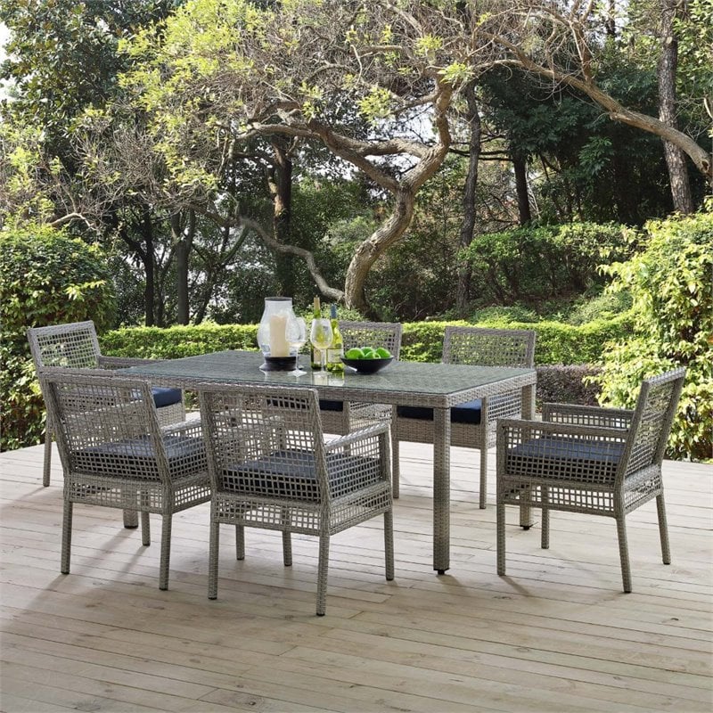 Modway Aura 7-Piece Outdoor Patio Wicker Rattan Set in Gray/Navy