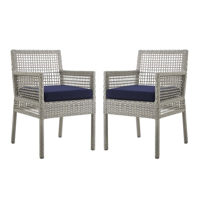 Modway Aura Outdoor Patio Wicker Rattan Dining Armchair in Gray/Navy (Set of 2)