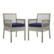 Modway Aura Outdoor Patio Wicker Rattan Dining Armchair in Gray/Navy (Set of 2)