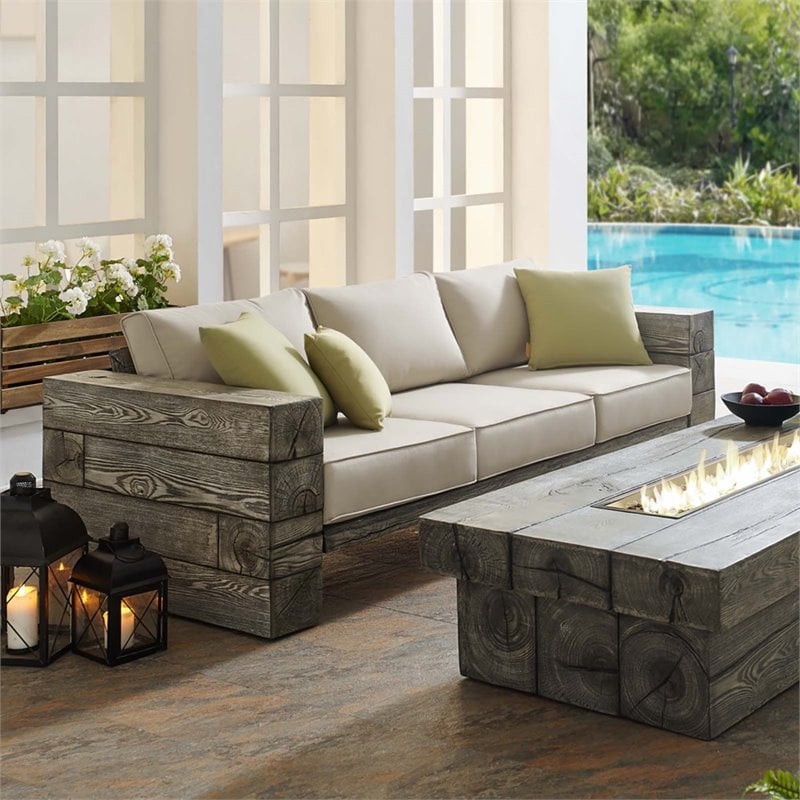 Modway Manteo Wood and Fabric Outdoor Patio Sofa in Light Gray/Beige