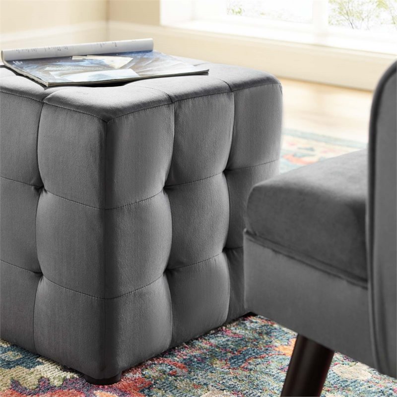 Modway Contour Tufted Cube Performance Velvet Ottoman in Gray
