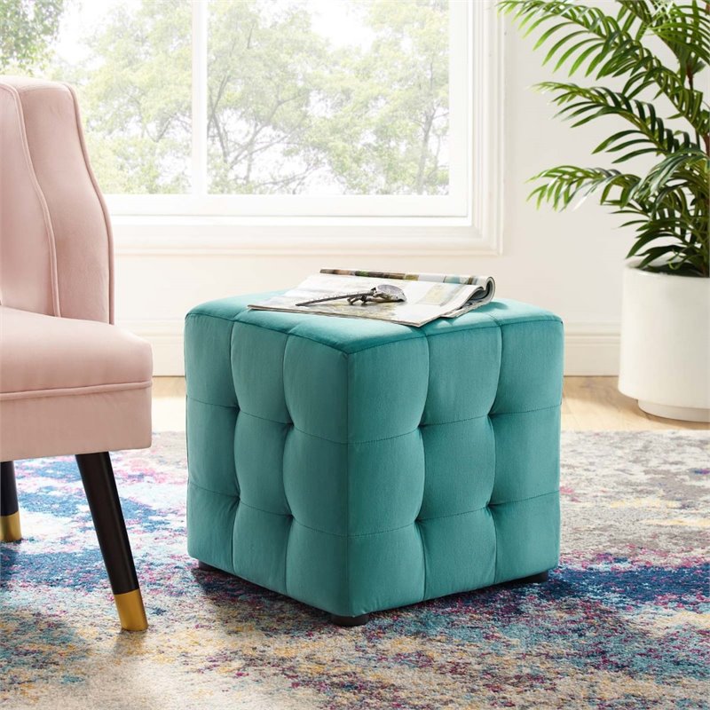 Modway Contour Tufted Cube Performance Velvet Ottoman in Teal Blue