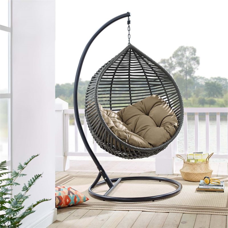Modway Garner Teardrop Outdoor Patio Swing Chair with Stand in Gray/Mocha