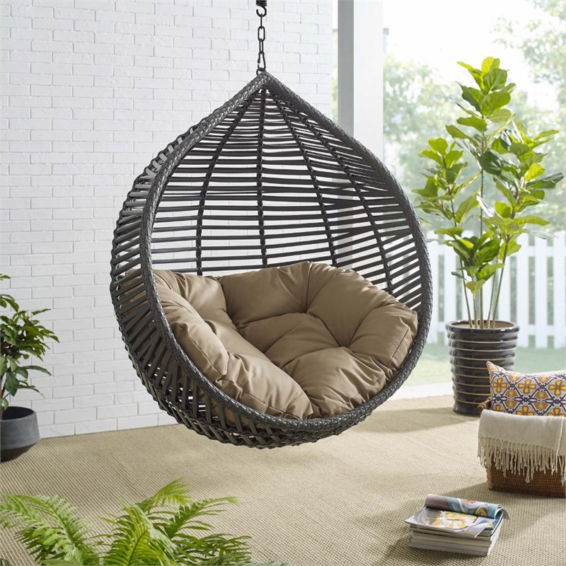 Modway Garner Teardrop Outdoor Patio Swing Chair with Stand in Gray/Mocha