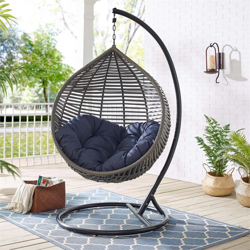 Modway Garner Teardrop Outdoor Patio Swing Chair with Stand in Gray/Navy