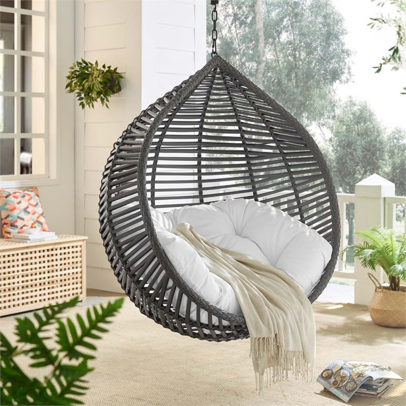 Modway Garner Teardrop Outdoor Patio Swing Chair with Stand in Gray White