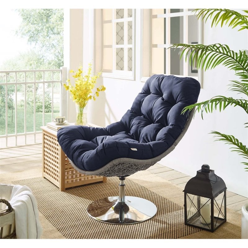 Modway Brighton Wicker Rattan Patio Swivel Lounge Chair in Light Gray/Navy