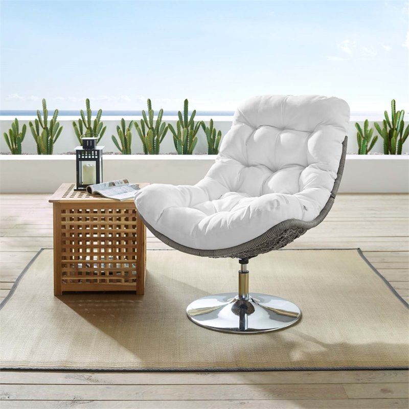 Modway Brighton Wicker Rattan Patio Swivel Lounge Chair in Light Gray/White