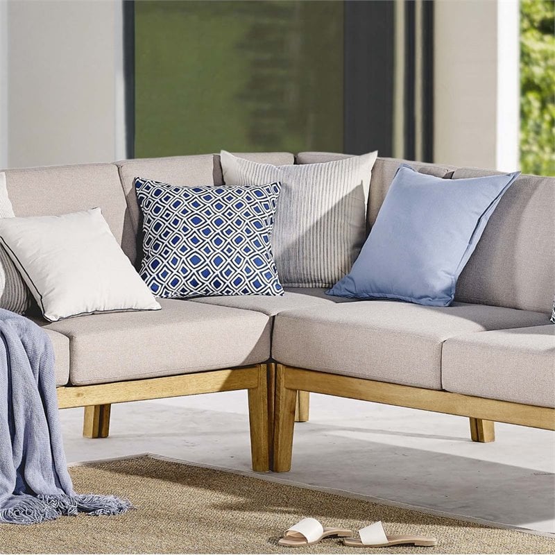 Modway Sedona Patio Eucalyptus Wood Sectional Sofa Corner Chair in Natural/Taupe