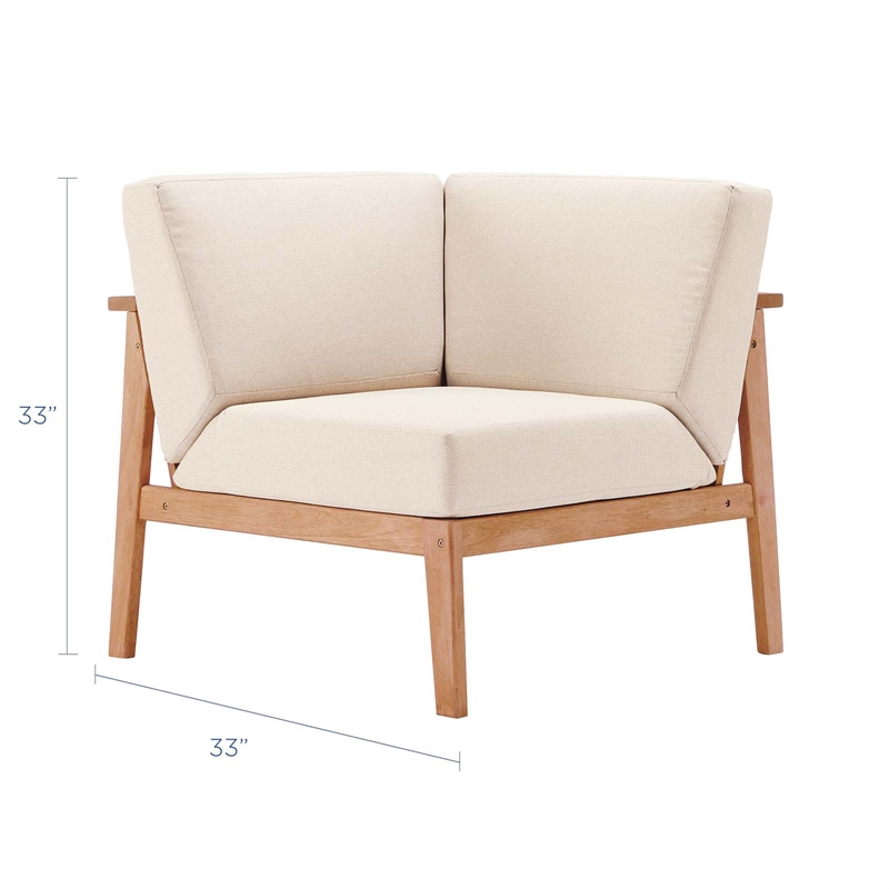 Modway Sedona Patio Eucalyptus Wood Sectional Sofa Corner Chair in Natural/Taupe
