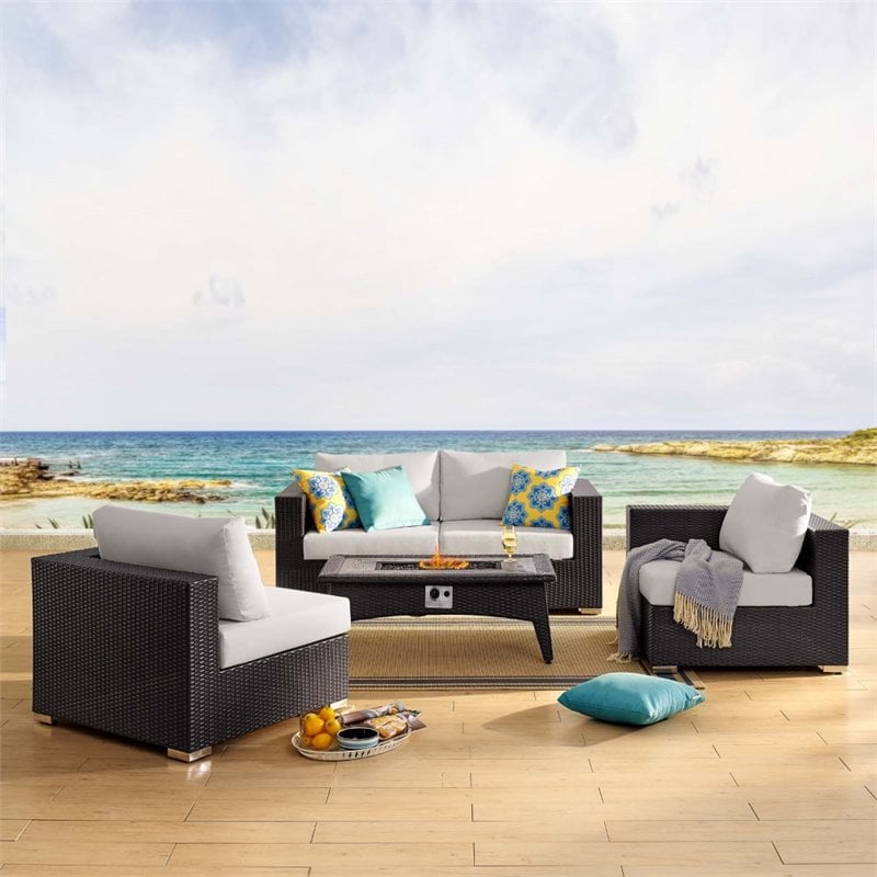 Modway Convene 5 Piece Patio Sofa Set with Fire Pit in Espresso and White