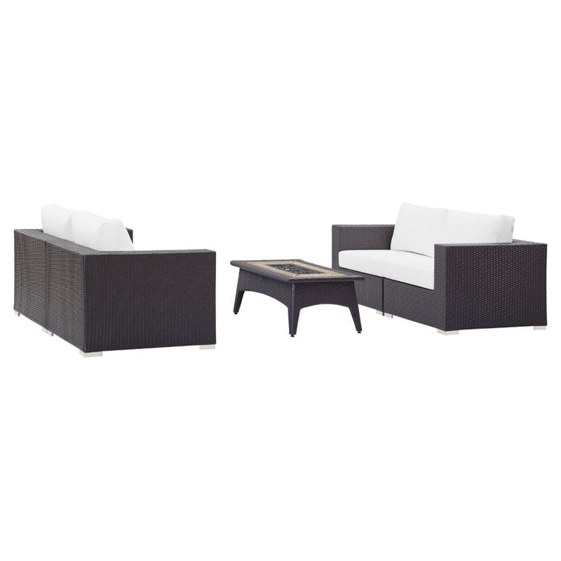 Modway Convene 5 Piece Patio Sofa Set with Fire Pit in Espresso and White