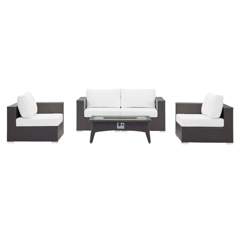 Modway Convene 5 Piece Patio Sofa Set with Fire Pit in Espresso and White