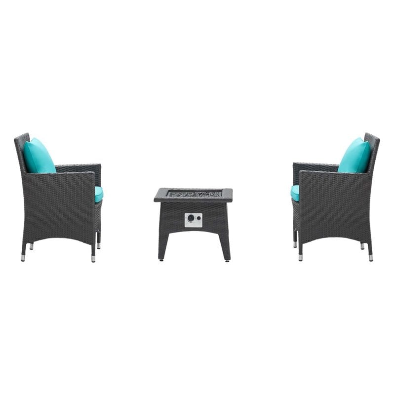 modway convene 3-piece patio wicker rattan set w/ fire pit in espresso/turquoise