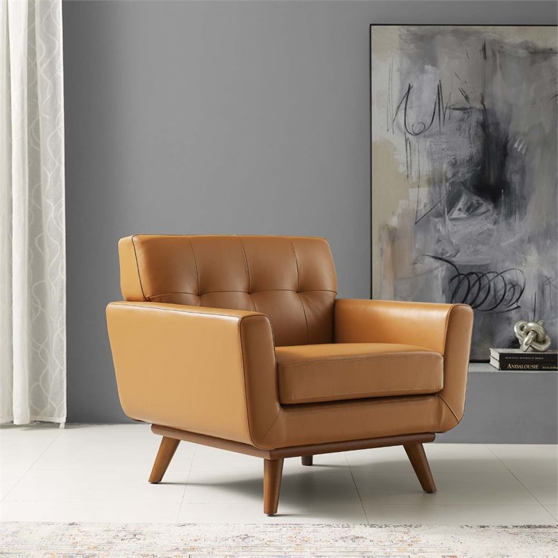 Modway Engage Top-Grain Leather Living Room Accent Armchair in Tan