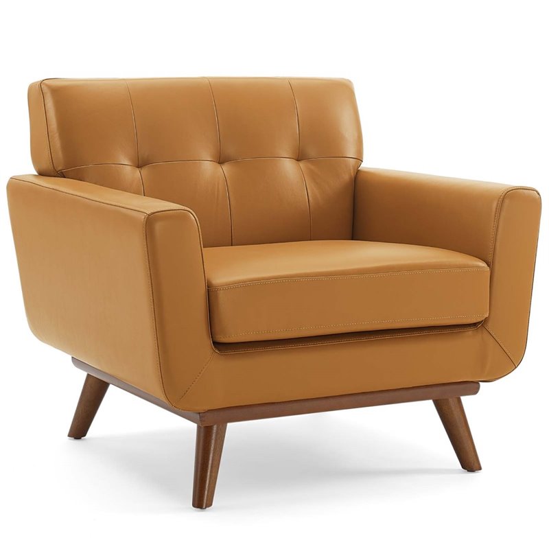 Modway Engage Top-Grain Leather Living Room Accent Armchair in Tan