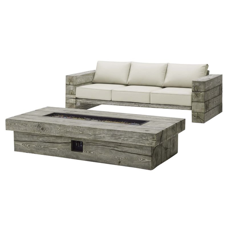 Modway Manteo Outdoor Patio Sofa Set with Fire Pit Table in Light Gray/Beige