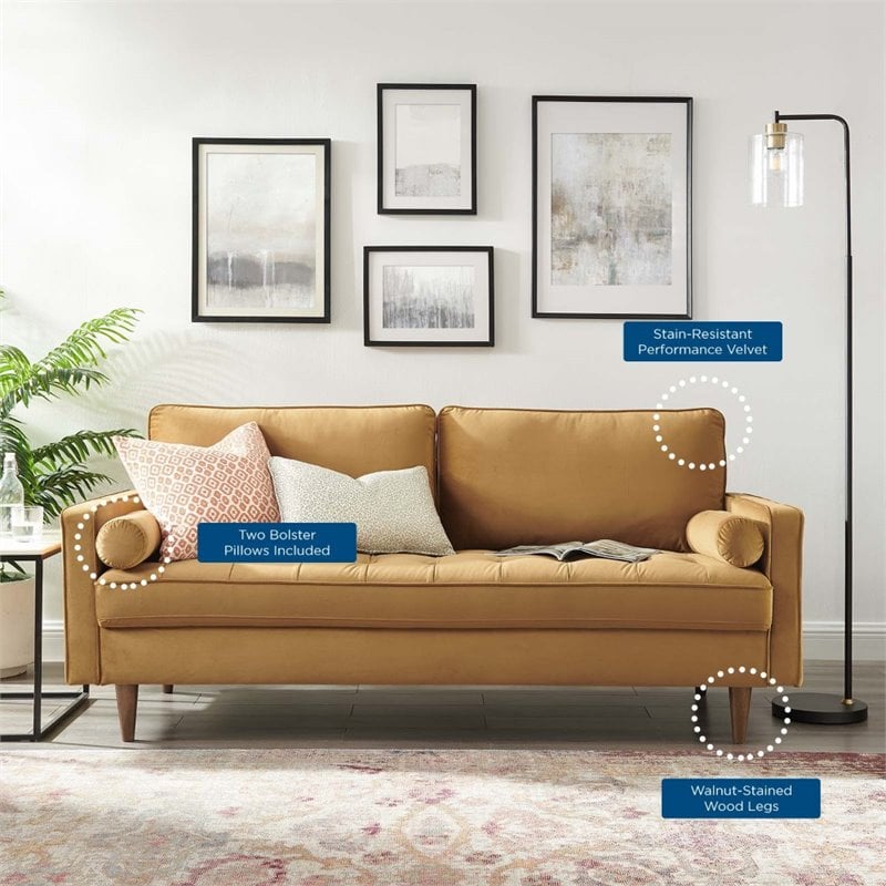 Modway Valour Modern Style Performance Velvet Sofa in Cognac Finish