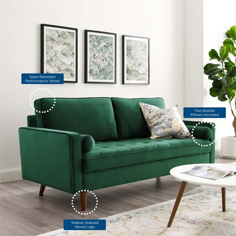 Modway Valour Modern Style Performance Velvet Sofa in Green Finish