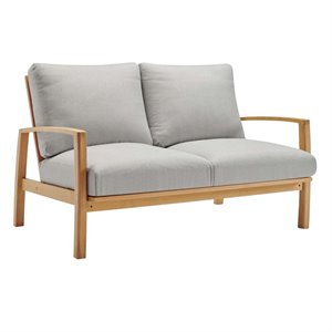 modway orlean eucalyptus wood patio loveseat in natural and light gray