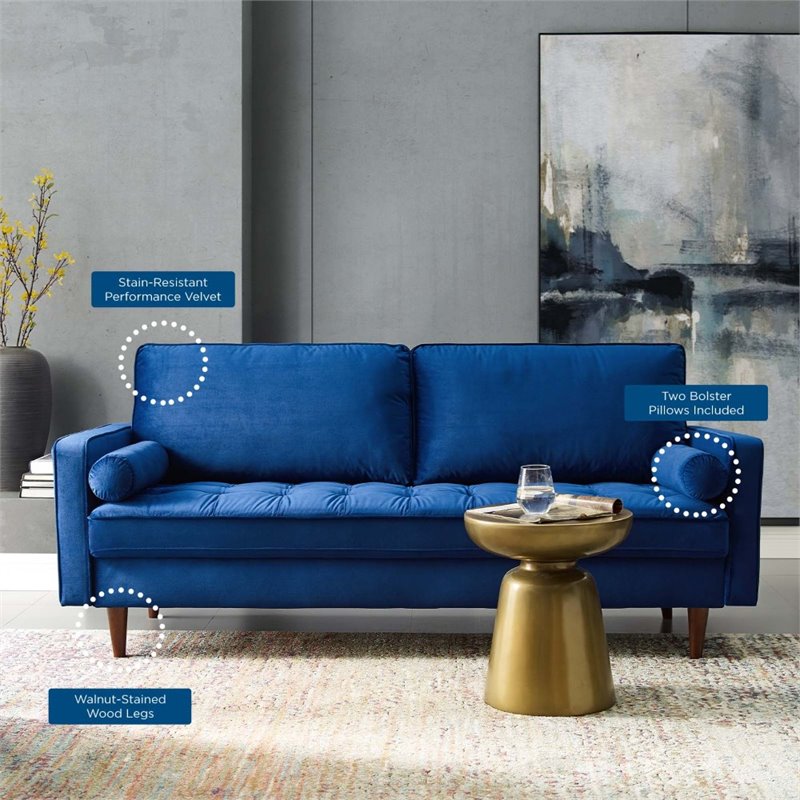 Modway Valour Modern Style Performance Velvet Sofa in Navy Finish