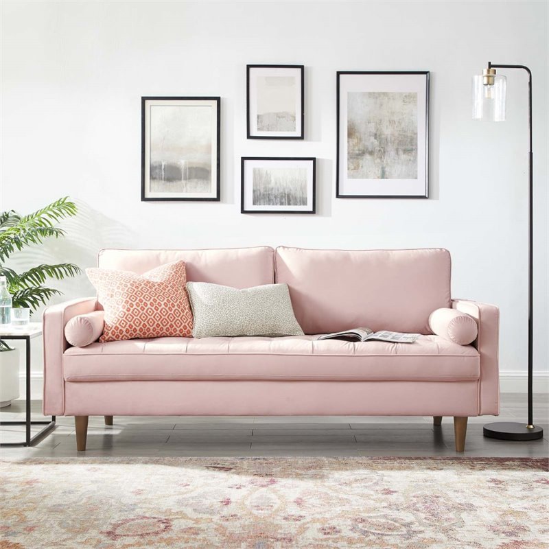 Modway Valour Modern Style Performance Velvet Sofa in Pink Finish