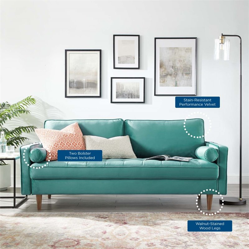 Modway Valour Modern Style Performance Velvet Sofa in Teal Finish