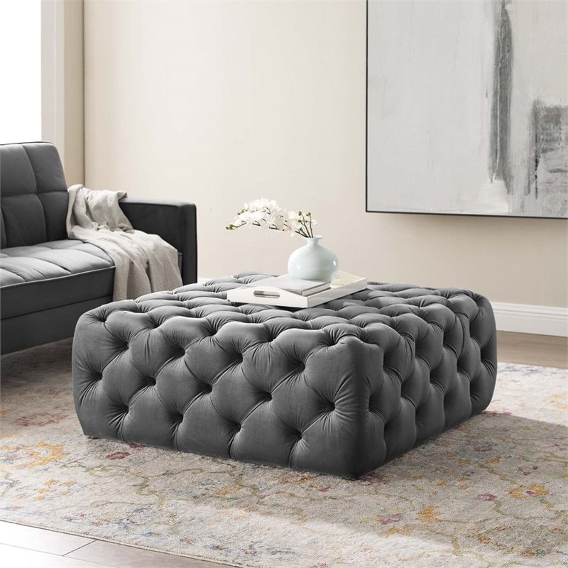 Modway Amour Tufted Button Large Square Performance Velvet Ottoman in Gray