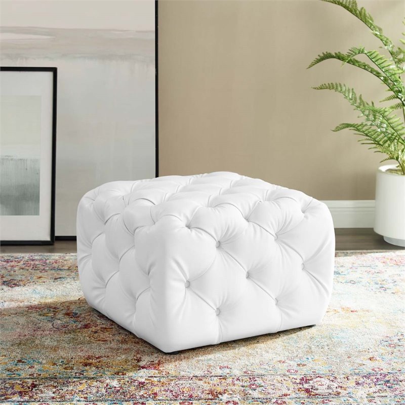 Modway Amour Tufted Button Square Faux Leather Ottoman in White