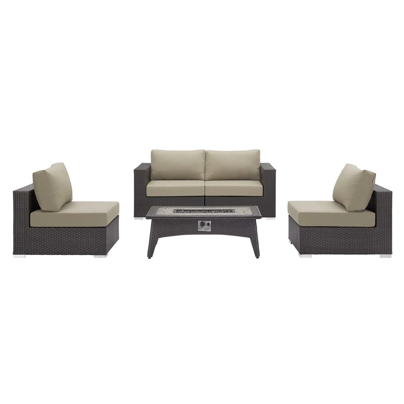 Modway Convene 5 Piece Patio Sofa Set with Fire Pit in Espresso and Beige