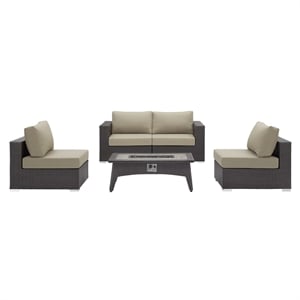 Modway Convene 5 Piece Patio Sofa Set with Fire Pit in Espresso and Beige
