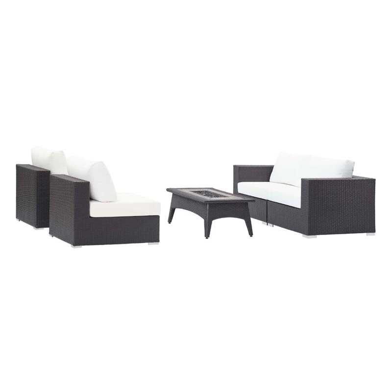 Modway Convene 5 Piece Patio Sofa Set with Fire Pit in Espresso and White