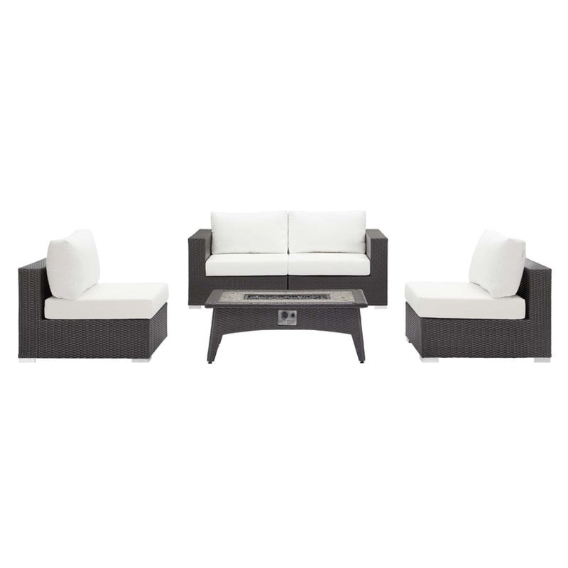 Modway Convene 5 Piece Patio Sofa Set with Fire Pit in Espresso and White