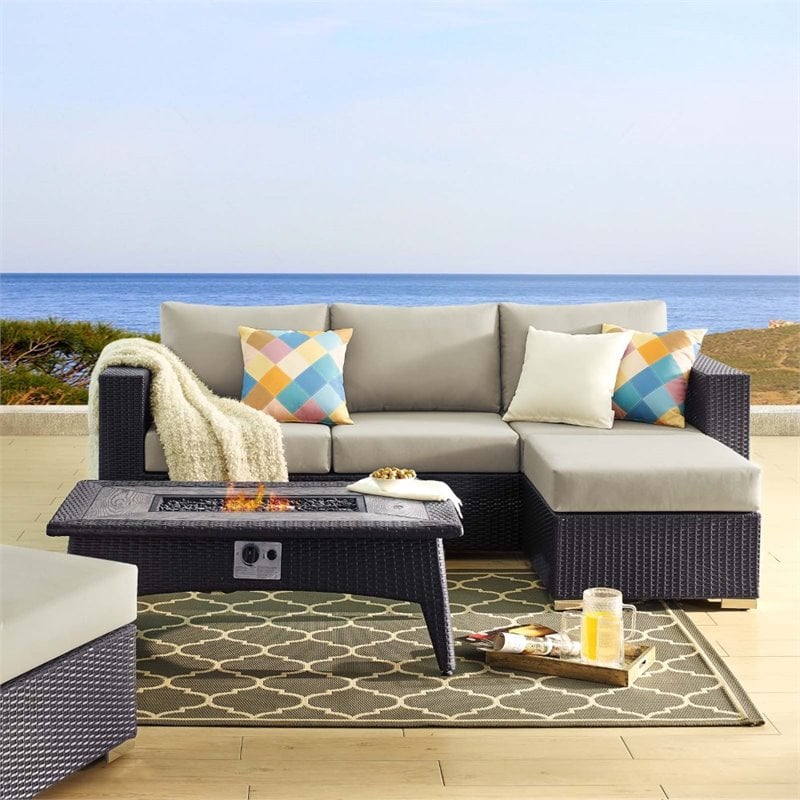 Modway Convene 3-Piece Outdoor Wicker Rattan Set with Fire Pit - Espresso/Beige
