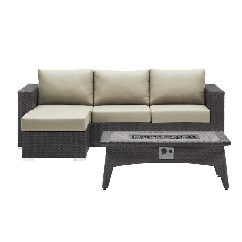 Modway Convene 3-Piece Outdoor Wicker Rattan Set with Fire Pit - Espresso/Beige