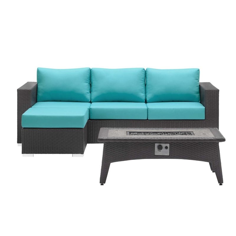 Modway Convene 3 Piece Patio Sofa Set with Fire Pit in Espresso and Turquoise