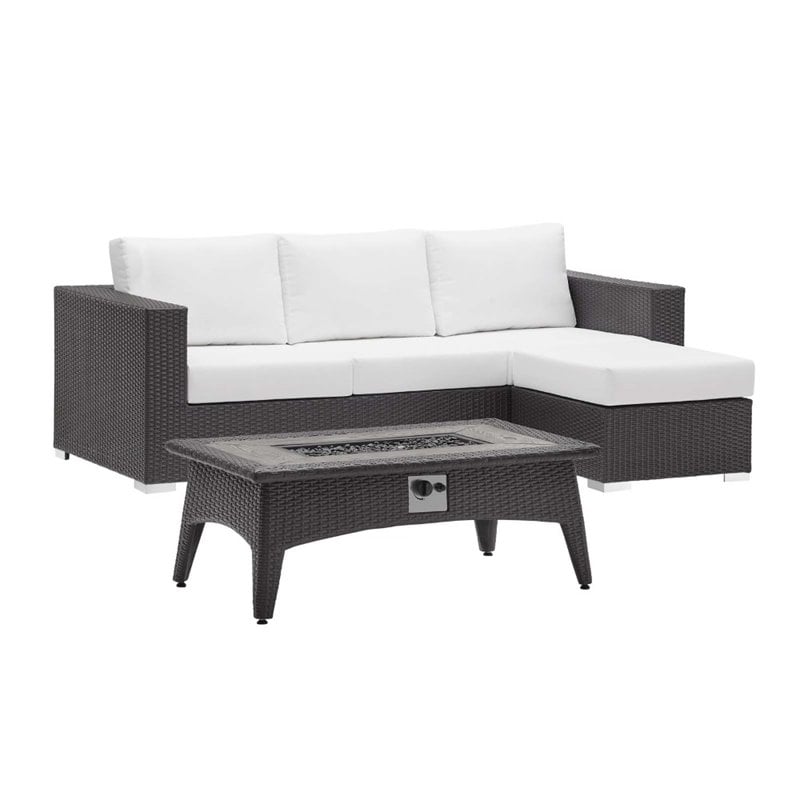 Modway Convene 3-Piece Outdoor Wicker Rattan Set with Fire Pit - Espresso/White