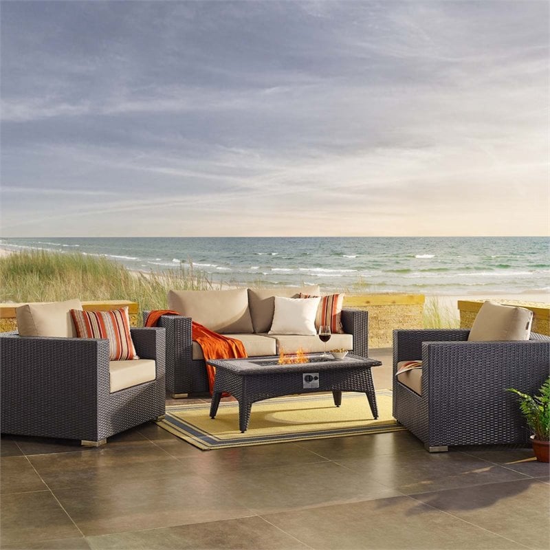 Modway Convene 4-Piece Outdoor Wicker Rattan Set with Fire Pit in Espresso/Beige