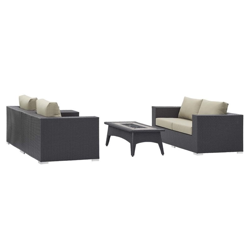 Modway Convene 4-Piece Outdoor Wicker Rattan Set with Fire Pit in Espresso/Beige