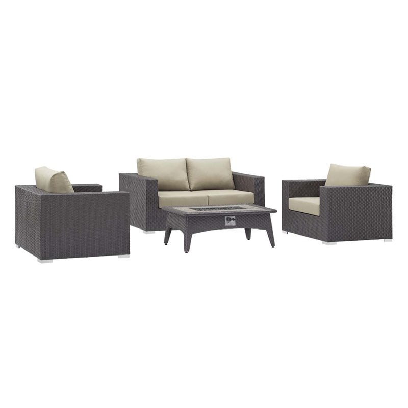 Modway Convene 4-Piece Outdoor Wicker Rattan Set with Fire Pit in Espresso/Beige
