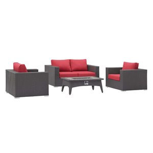 Modway Convene 4-Piece Outdoor Wicker Rattan Set with Fire Pit in Espresso/Red