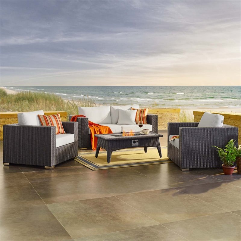 Modway Convene 4 Piece Patio Sofa Set with Fire Pit in Espresso and White