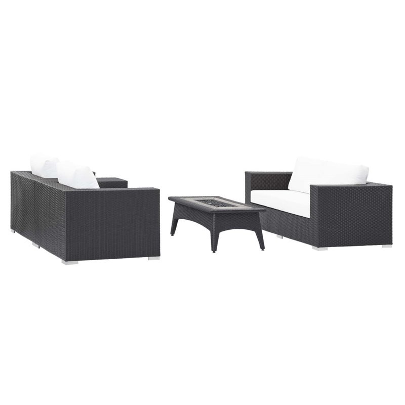 Modway Convene 4 Piece Patio Sofa Set with Fire Pit in Espresso and White