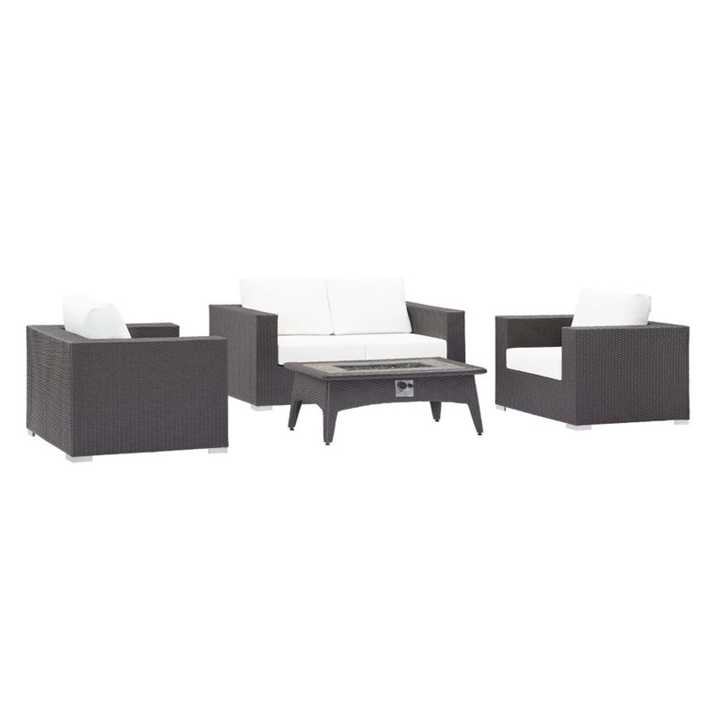 Modway Convene 4 Piece Patio Sofa Set with Fire Pit in Espresso and White