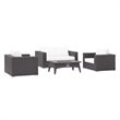 Modway Convene 4 Piece Patio Sofa Set with Fire Pit in Espresso and White