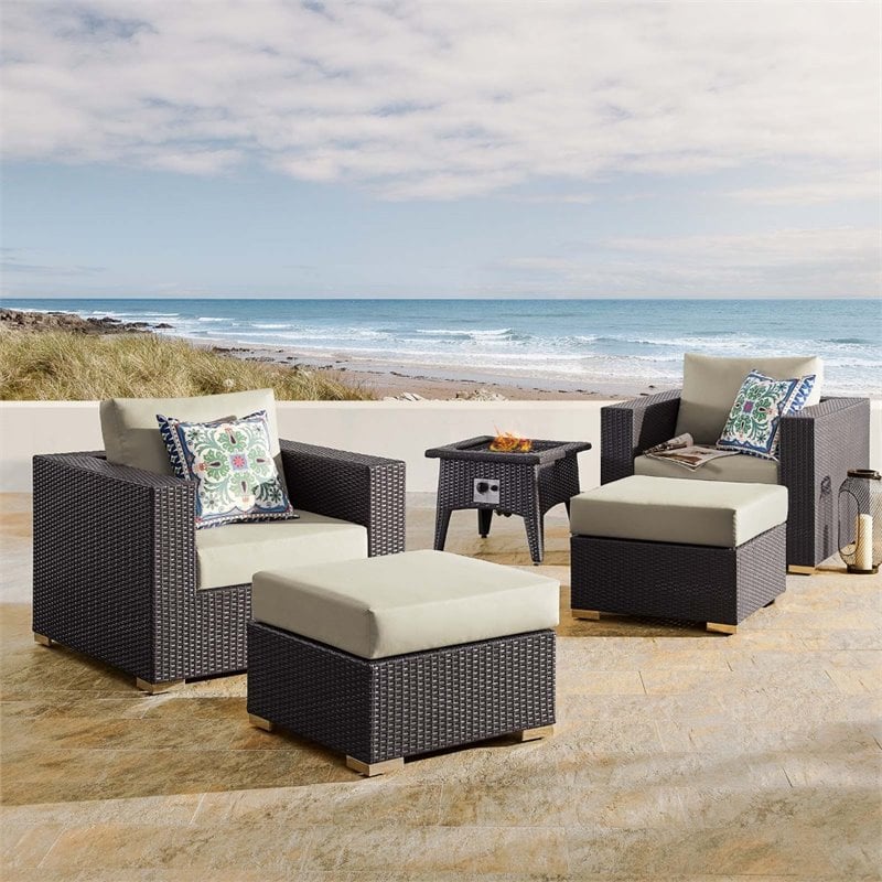 Modway Convene 5-Piece Outdoor Wicker Rattan Set with Fire Pit - Espresso/Beige