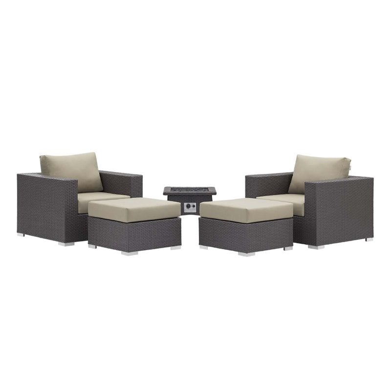 Modway Convene 5-Piece Outdoor Wicker Rattan Set with Fire Pit - Espresso/Beige