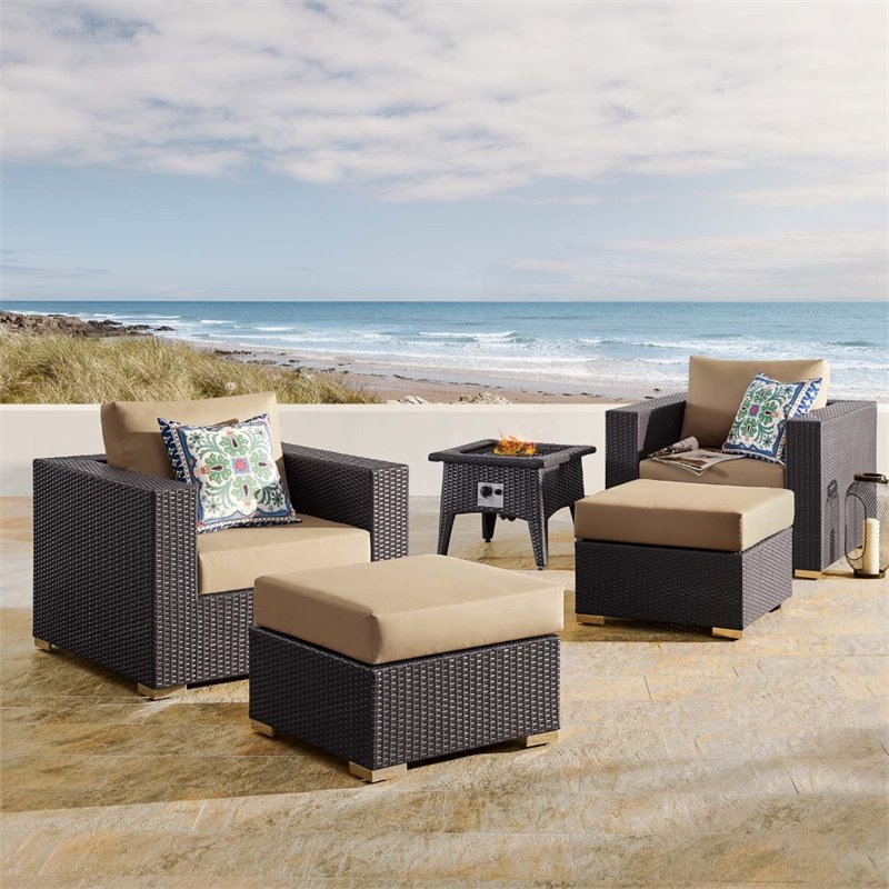 Modway Convene 5-Piece Outdoor Wicker Rattan Set w/ Fire Pit in Espresso/Mocha